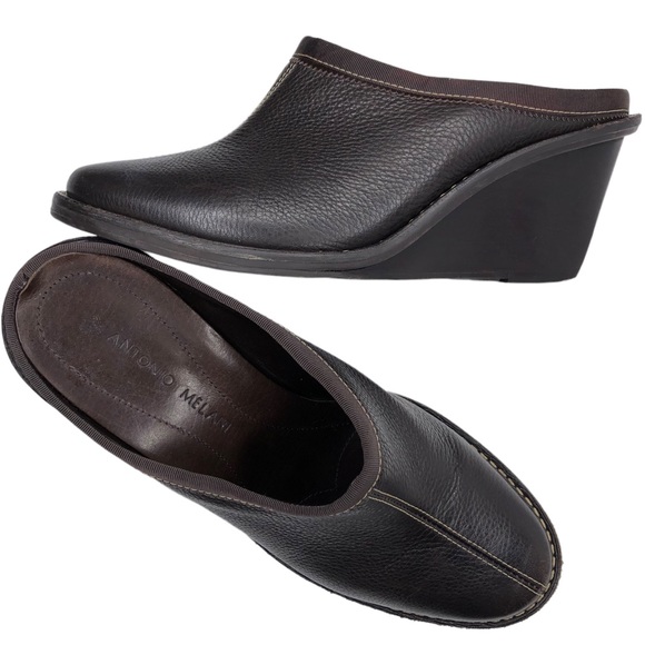 ANTONIO MELANI Pebble Print Leather Mule Wedges Brown Size 7 - Picture 8 of 12